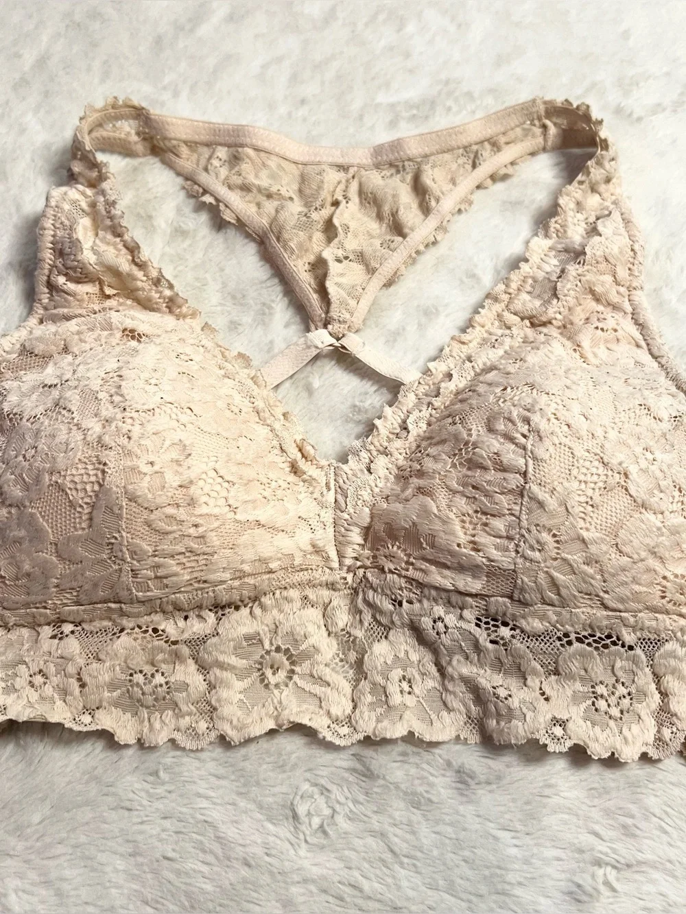 Cream Floral Lace Racerback Bralette Size Medium Wireless Comfort Bra